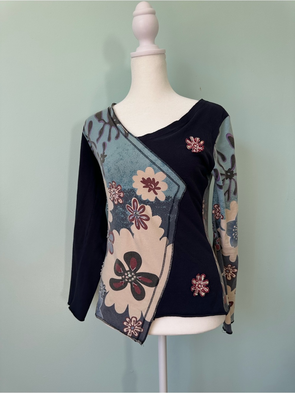 Custo Barcelona Navy and Teal Floral Patchwork Long-Sleeve Top